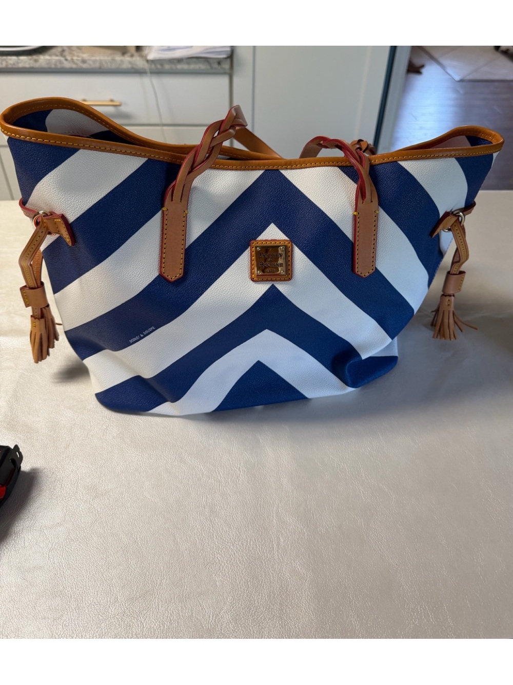 Dooney & Bourke Navy Blue and White Chevron Tote with Tan Trim